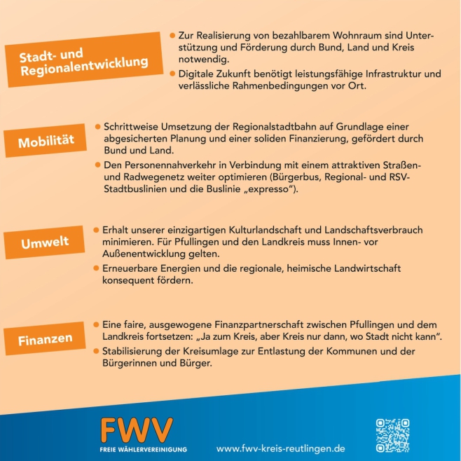 Freie Wähler Vereinigung für Pfullingen - auch im Landkreis, Wahlthemen der Freien Wähler Pfullingen