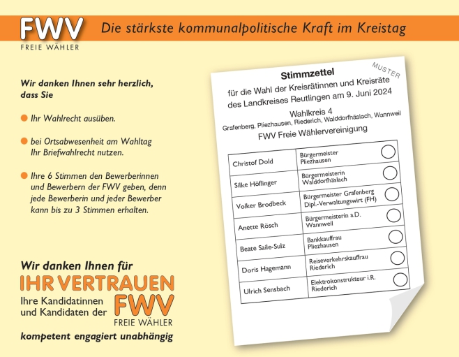 FWV Freie Wähler Stimmzettel für die Wahl der Kreisrätinnen und Kreisräte - Wahlrecht, Wahltag, Briefwahlrecht, Briefwahl,