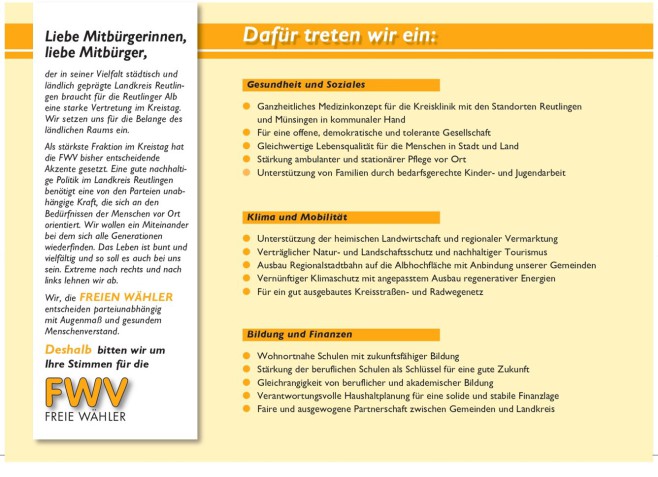 FWV Freie Wähler Wahlthemen, Vertretung im Kreistag, Landkreis Reutlingen